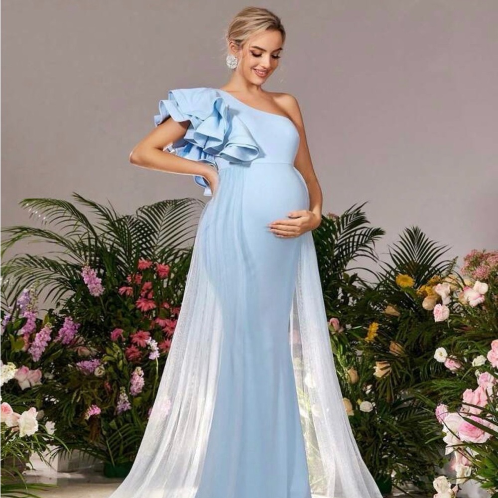 Elegant One-Shoulder Blue Maternity Dress